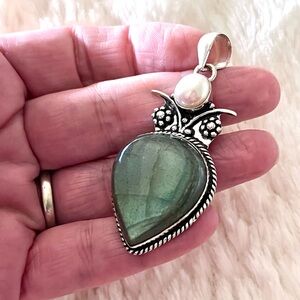 Flash Labradorite & Pearl  Gemstone 2.5” Silver Pendant